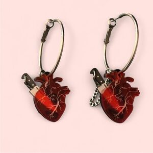 Pair of red Anatomical Heart and knife Earrings